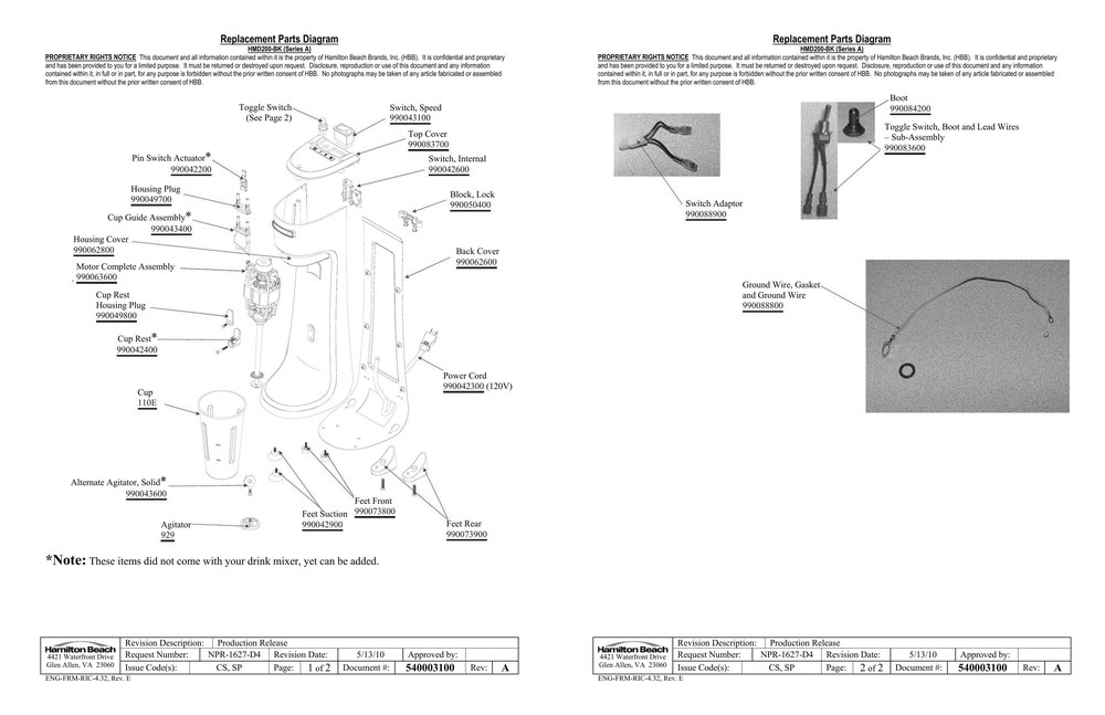 Diagram Diagram and Parts List for HMD200-BK  Hamilton Beach Drink Mixer
